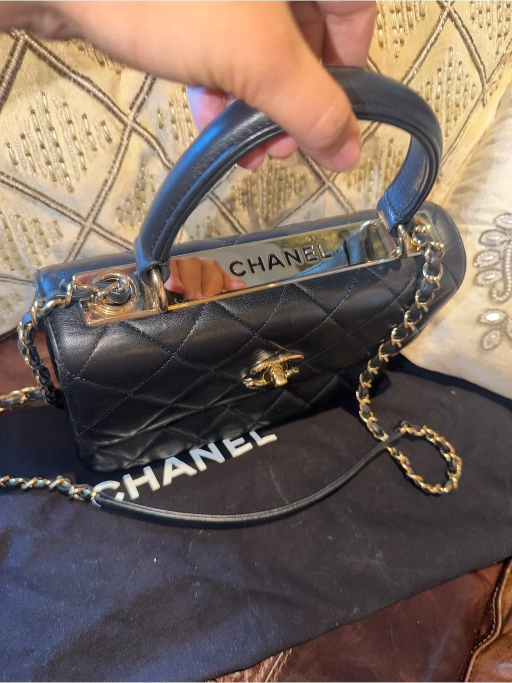 CHANEL Black Quilted Leather Top-Handle & Chain Shoulder Bag